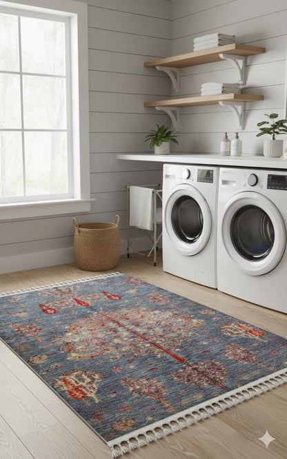 Blue Vintage Orienatl Rug: Classic Washable Rug with Tassels