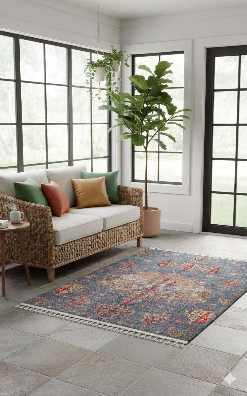 Blue Vintage Orienatl Rug: Classic Washable Rug with Tassels