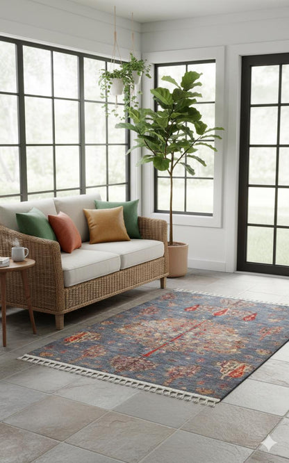 Blue Vintage Orienatl Rug: Classic Washable Rug with Tassels