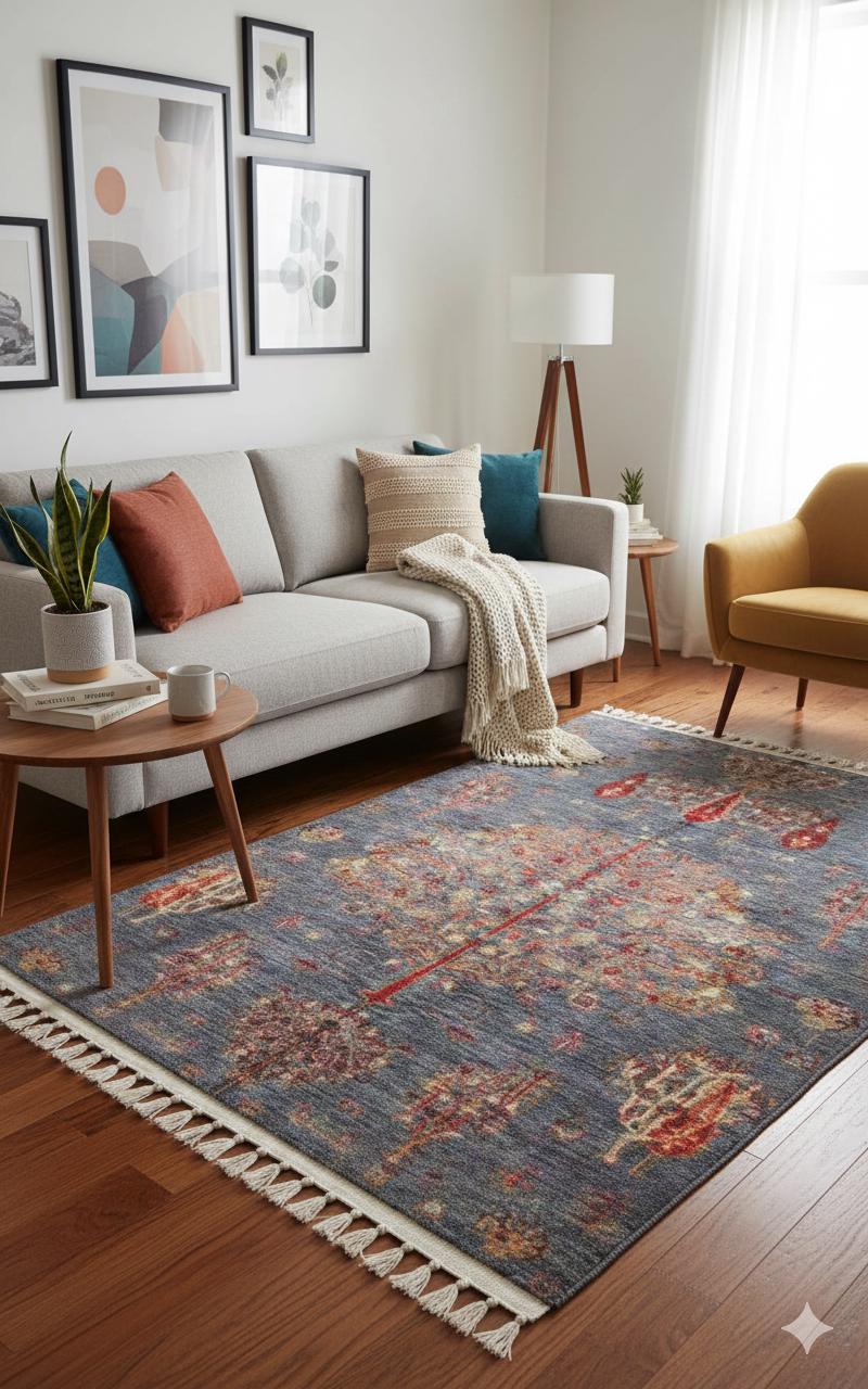 Blue Vintage Orienatl Rug: Classic Washable Rug with Tassels