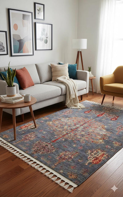 Blue Vintage Orienatl Rug: Classic Washable Rug with Tassels