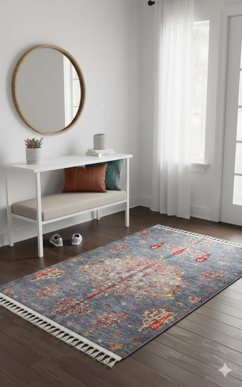 Blue Vintage Orienatl Rug: Classic Washable Rug with Tassels