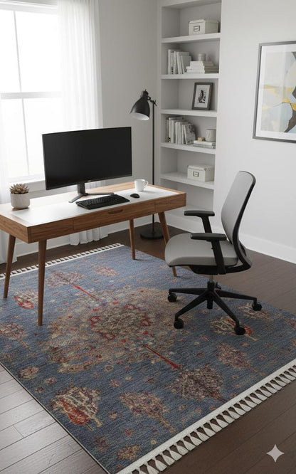 Blue Vintage Orienatl Rug: Classic Washable Rug with Tassels