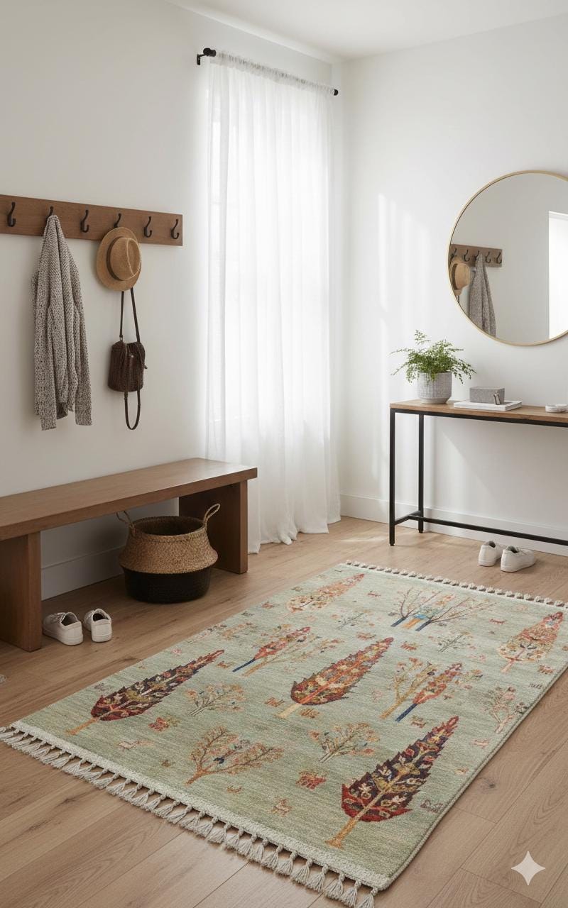 Beige Vintage Rug: Washable Living Room Rug with Tassels