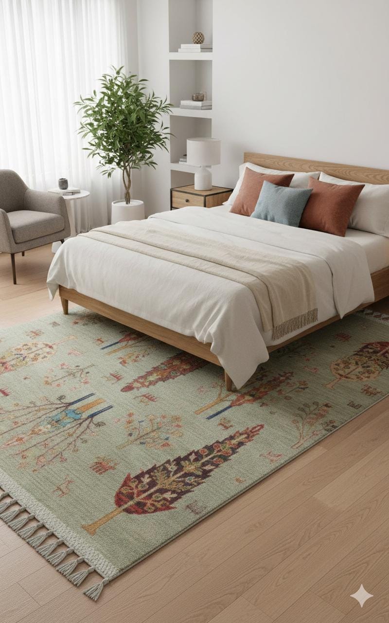Beige Vintage Rug: Washable Living Room Rug with Tassels