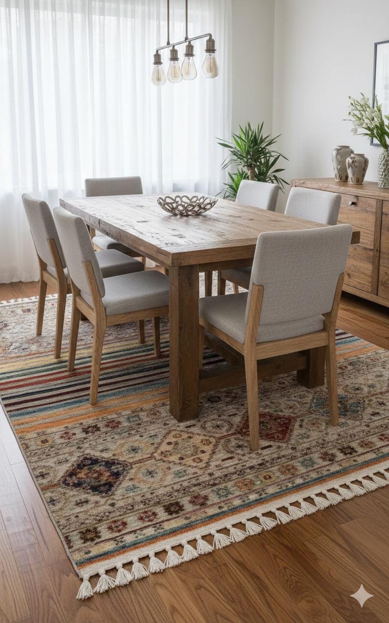 Beige Vintage Rug: Washable Living Room Rug with Tassels