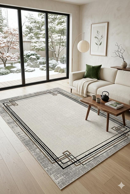 Modern Art Deco Border Rug – Geometric Neutral Area Rug (200x300 cm)