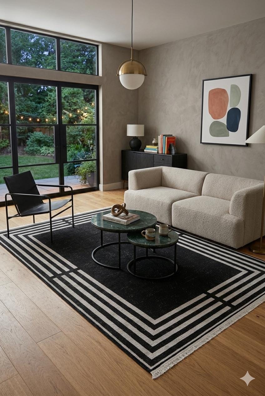 Modern Black Geometric Border Rug, Minimalist Living Room Carpet