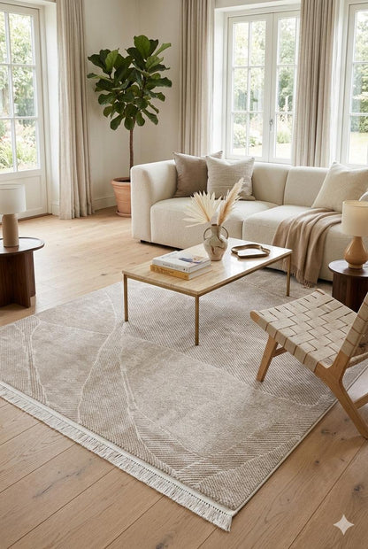 Modern Abstract Area Rug – Beige Neutral Line Art Carpet (200x300 cm)