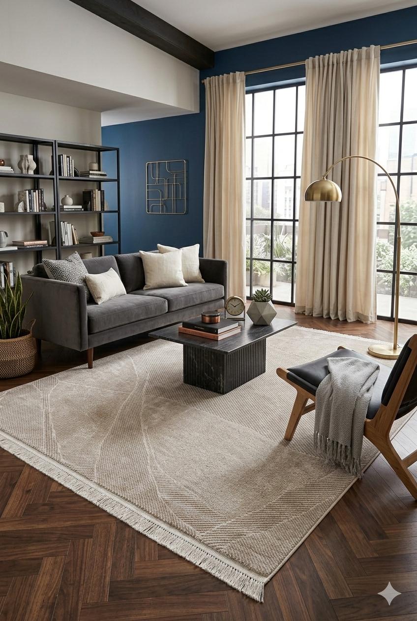 Modern Abstract Area Rug – Beige Neutral Line Art Carpet (200x300 cm)