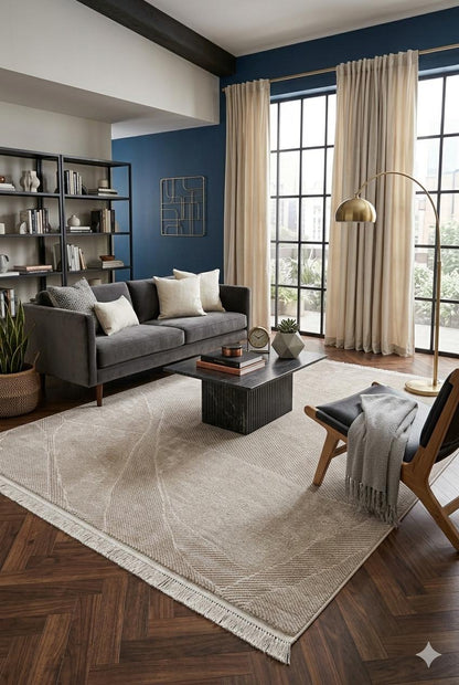 Modern Abstract Area Rug – Beige Neutral Line Art Carpet (200x300 cm)