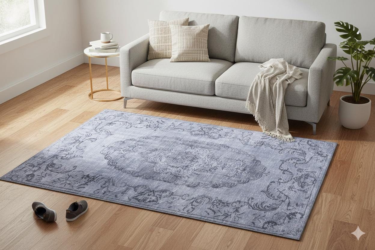 Gray Vintage Classic Medallion Rug: Washable Bohemian carpet