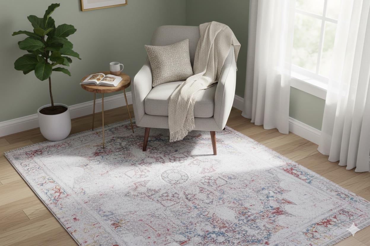 Washable Distressed Persian Area Rug – Boho Medallion Living Room Carpet