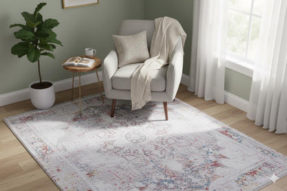 Washable Distressed Persian Area Rug – Boho Medallion Living Room Carpet