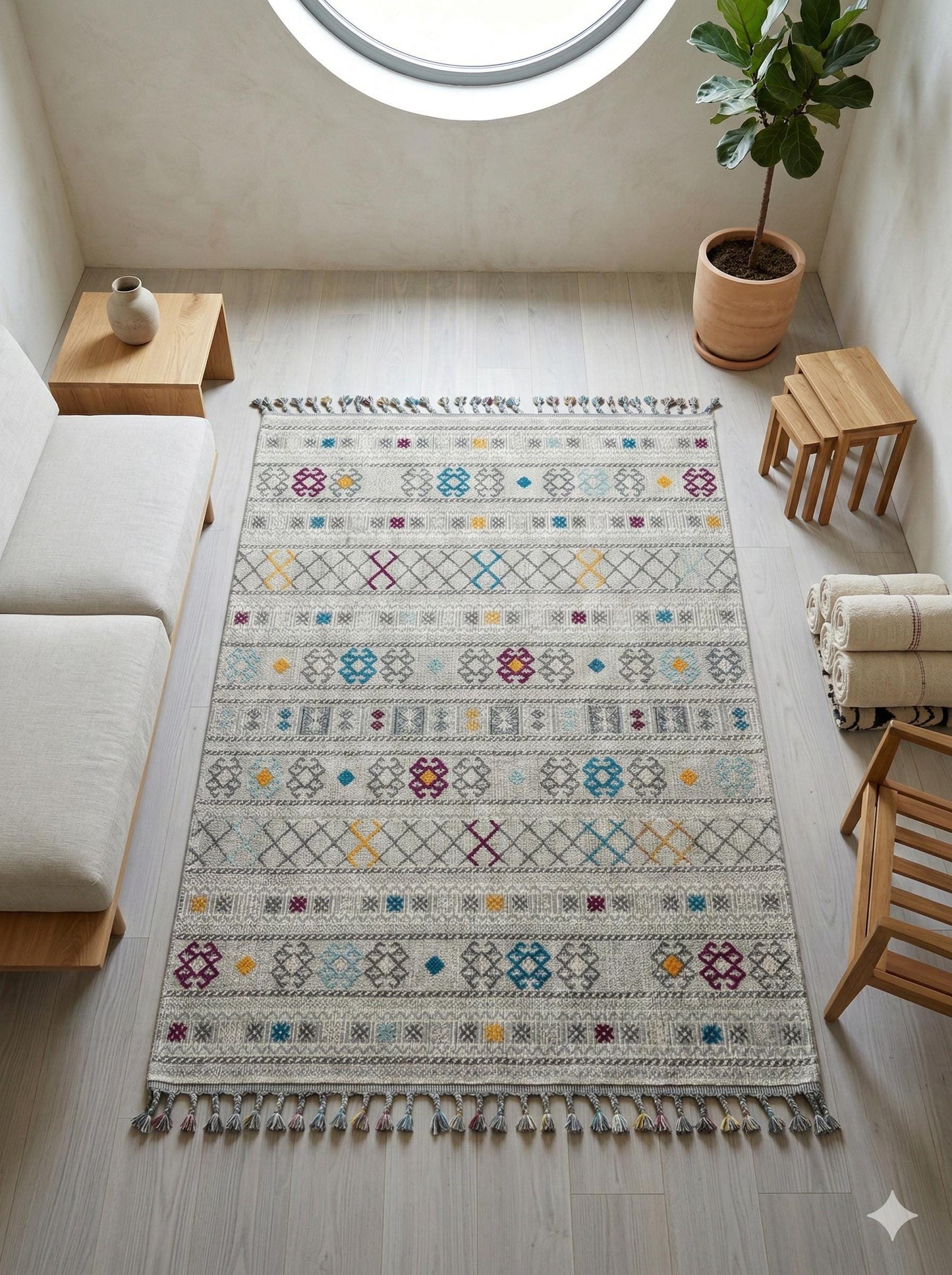 Gray Textured Geometric Carpet with Tassels, Minimalist Scandi Home Decor, Neutral Living Room Rug.