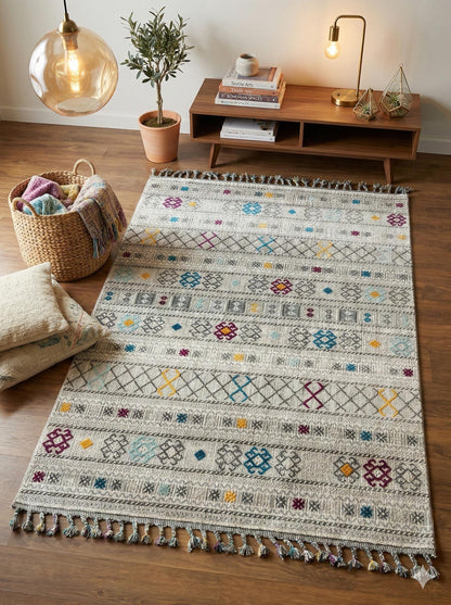 Gray Textured Geometric Carpet with Tassels, Minimalist Scandi Home Decor, Neutral Living Room Rug.