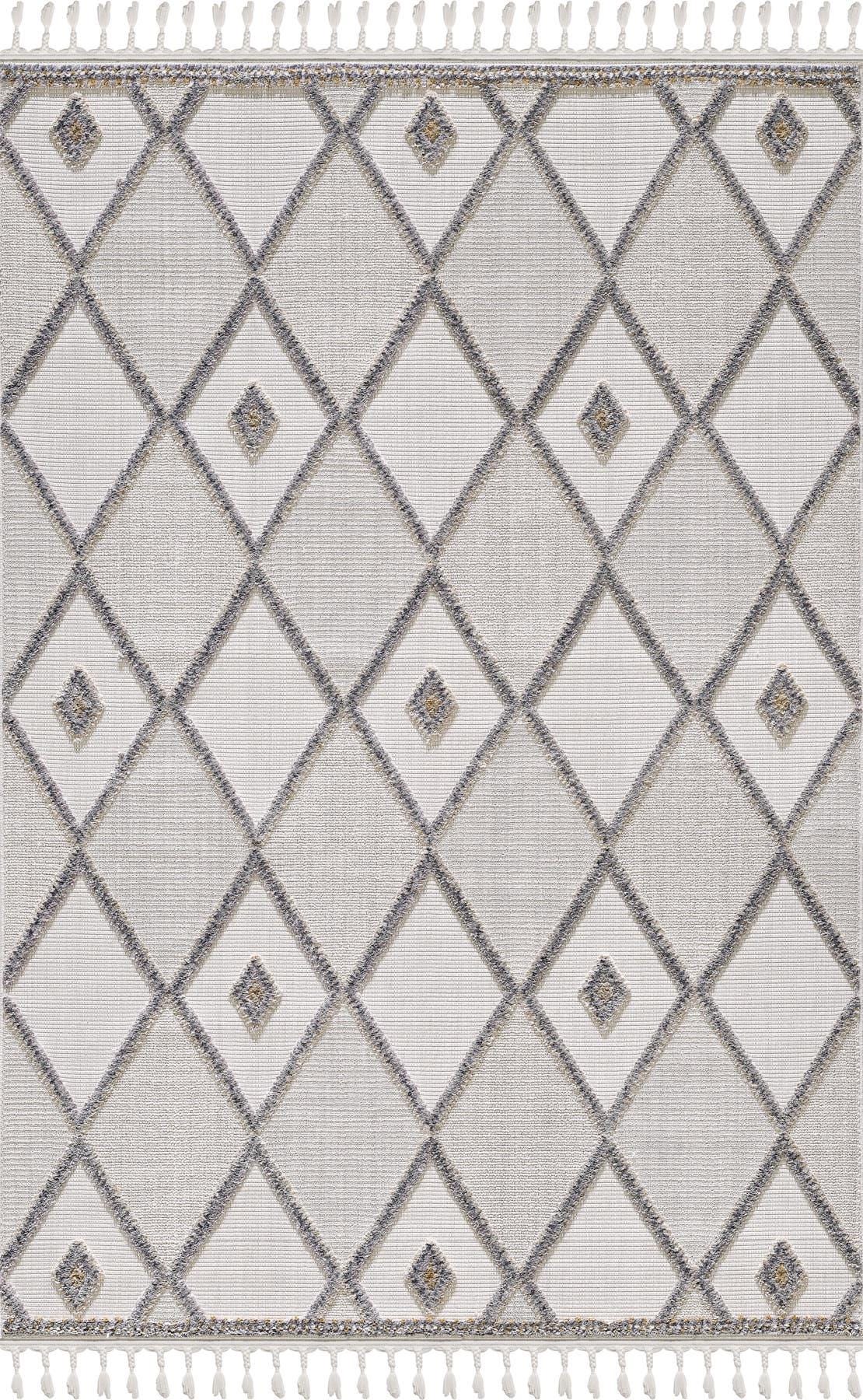 Cream Textured Geometric Carpet with Tassels, Minimalist Scandi Home Decor, Neutral Living Room Rug.