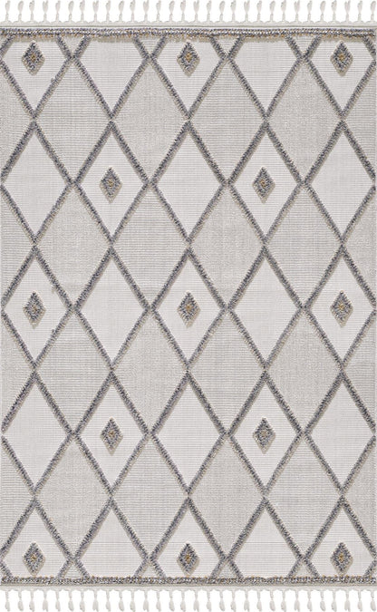 Cream Textured Geometric Carpet with Tassels, Minimalist Scandi Home Decor, Neutral Living Room Rug.