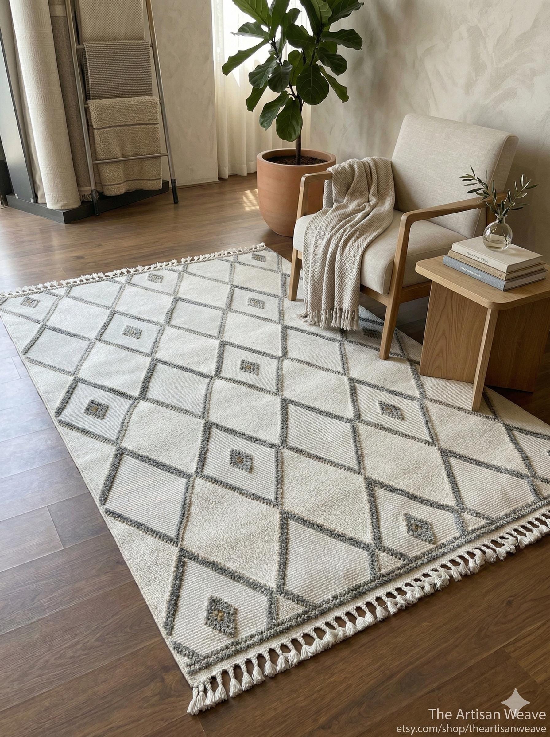 Cream Textured Geometric Carpet with Tassels, Minimalist Scandi Home Decor, Neutral Living Room Rug.