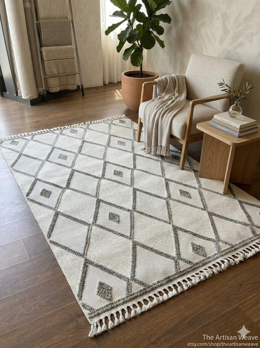 Cream Textured Geometric Carpet with Tassels, Minimalist Scandi Home Decor, Neutral Living Room Rug.
