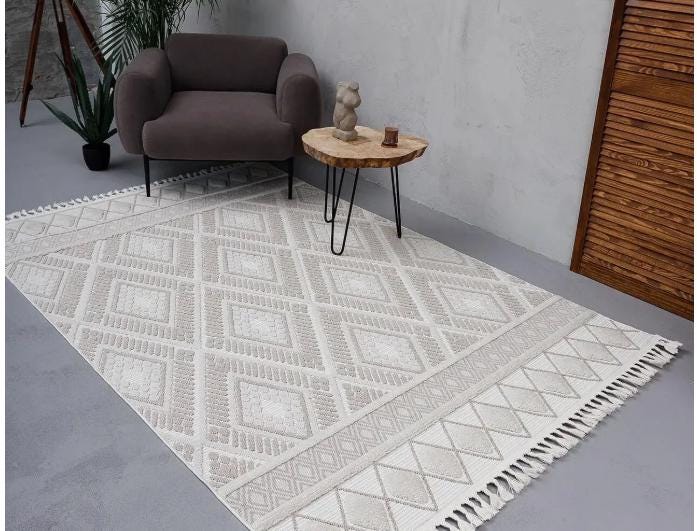 Cream Textured Geometric Carpet with Tassels, Minimalist Scandi Home Decor, Neutral Living Room Rug.