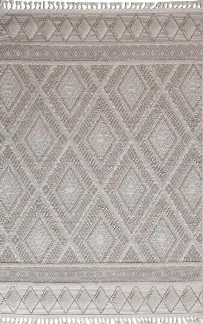 Cream Textured Geometric Carpet with Tassels, Minimalist Scandi Home Decor, Neutral Living Room Rug.
