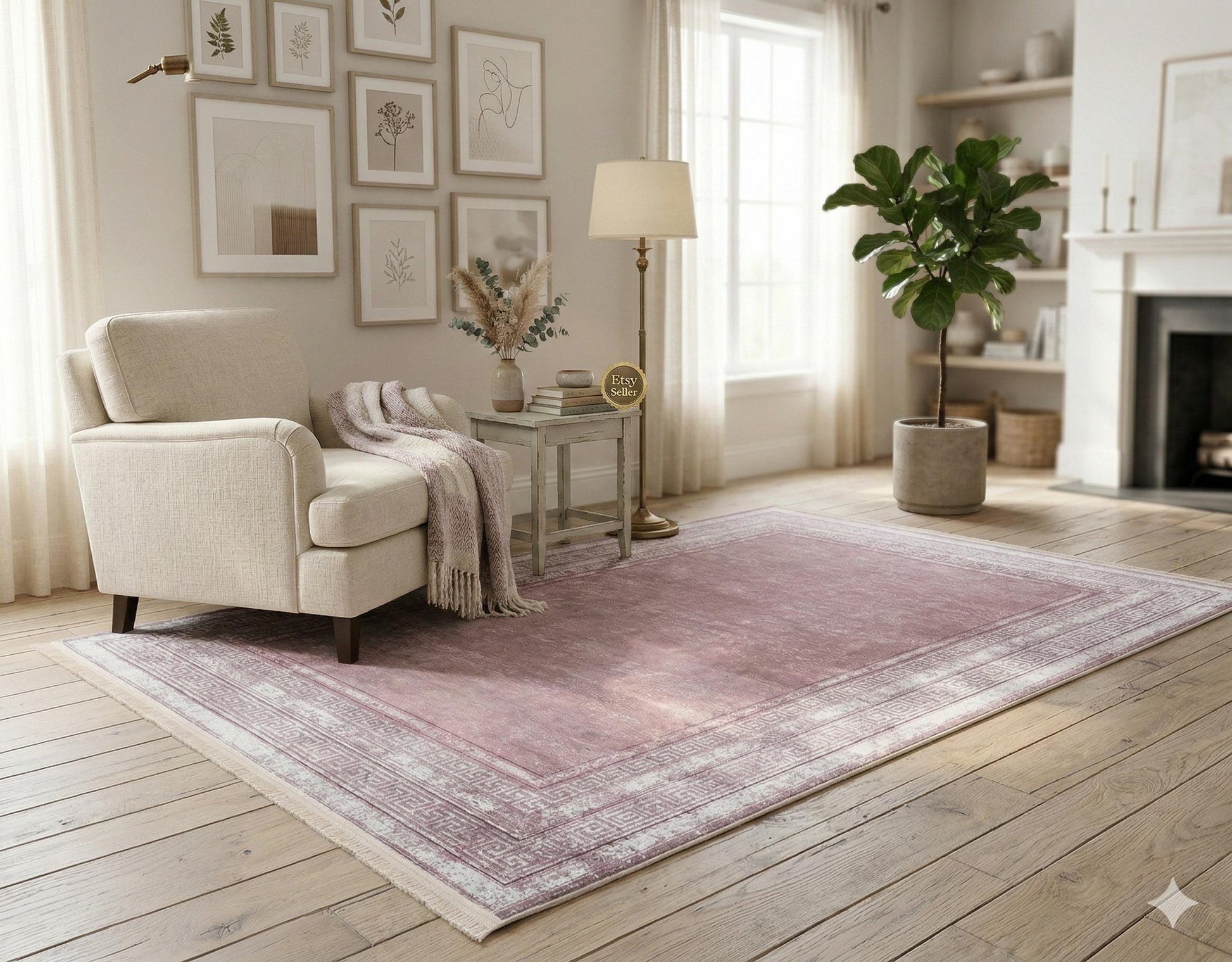 Distressed Mauve Turkish Rug – Greek Key Border, Boho Living Room Area Rug