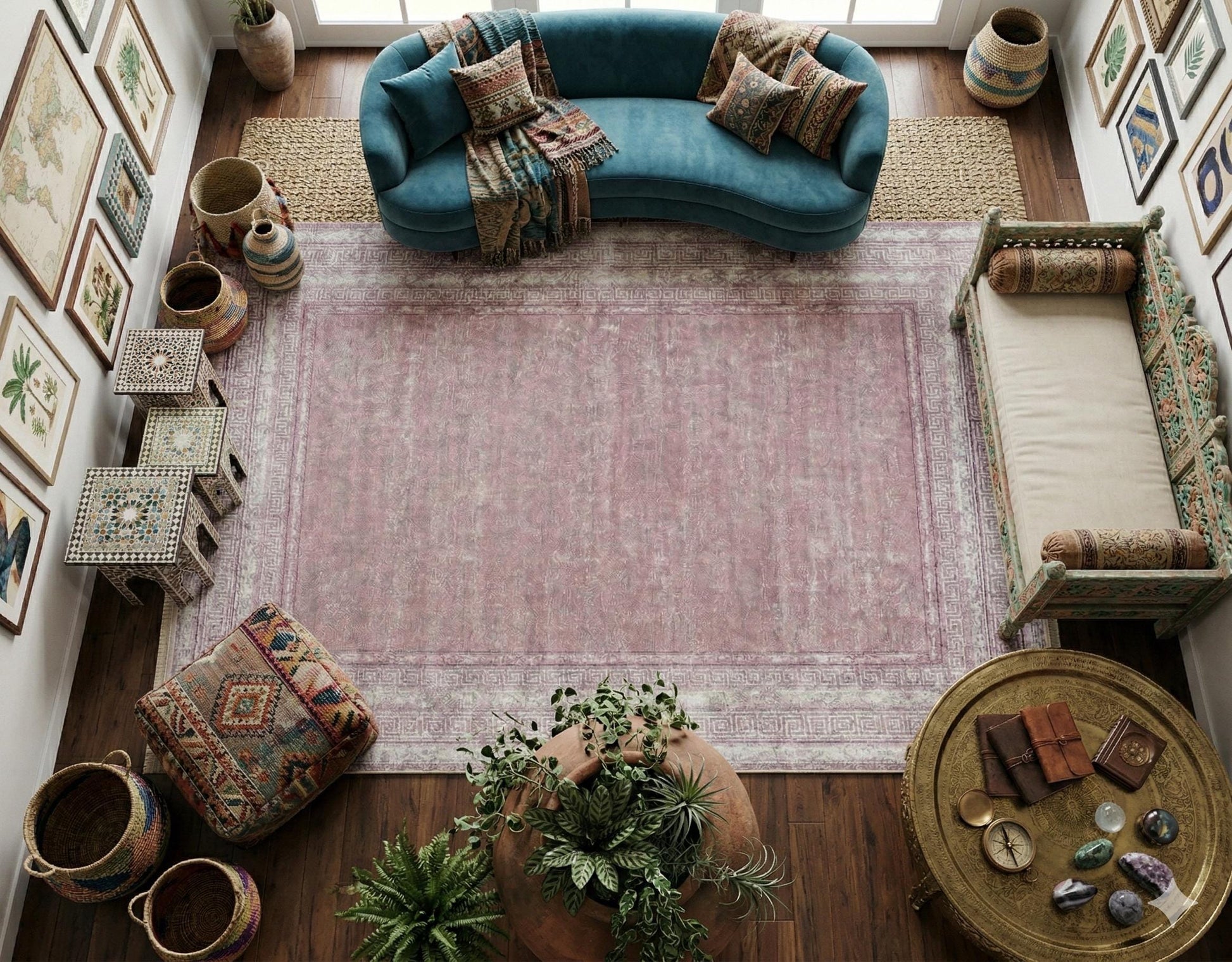Distressed Mauve Turkish Rug – Greek Key Border, Boho Living Room Area Rug
