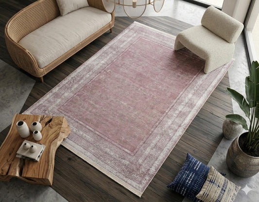 Distressed Mauve Turkish Rug – Greek Key Border, Boho Living Room Area Rug