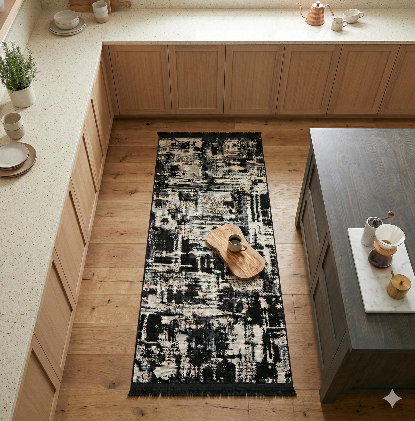 Modern Abstract Runner Rug – Black White Distressed Geometric Texture Scandi Style Mat