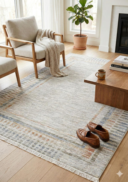 Light Gray Abstract Area Rug – Geometric Border, Neutral Boho Decor, 7x10ft
