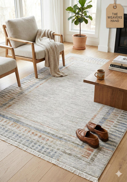 Light Gray Abstract Area Rug – Geometric Border, Neutral Boho Decor, 7x10ft