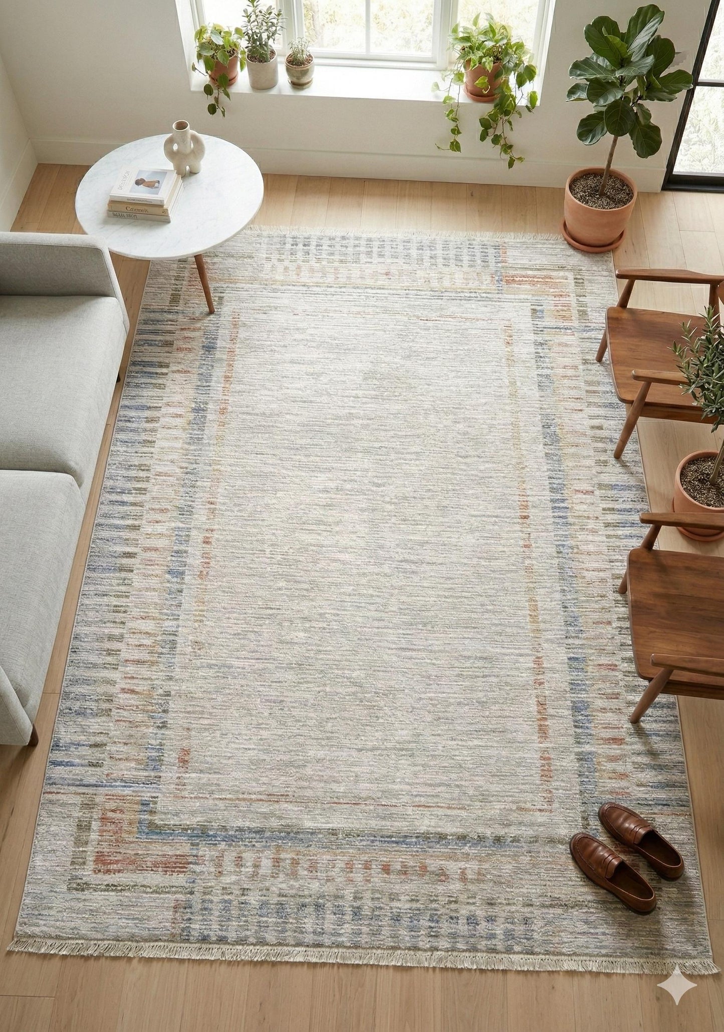 Light Gray Abstract Area Rug – Geometric Border, Neutral Boho Decor, 7x10ft