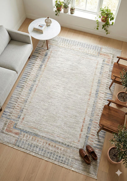 Light Gray Abstract Area Rug – Geometric Border, Neutral Boho Decor, 7x10ft