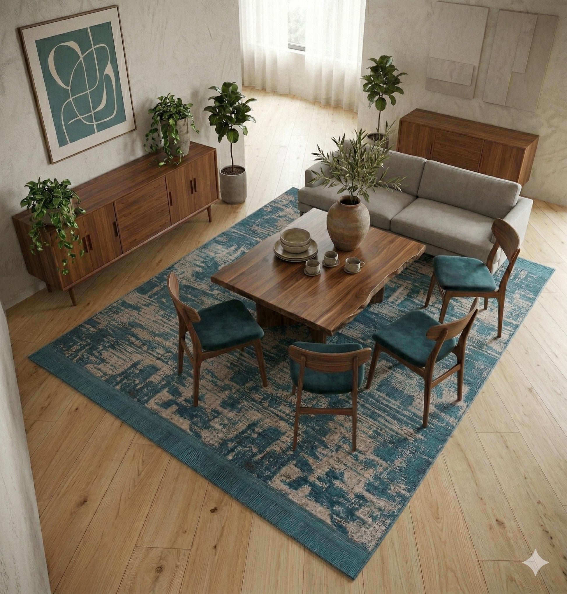 Teal Abstract Area Rug – Distressed Living Room Carpet, Modern Textured Floor Rug