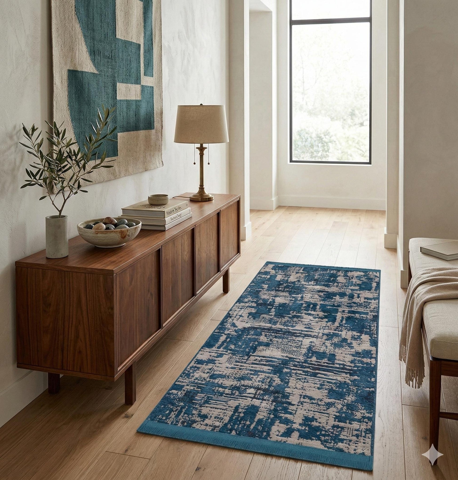 Teal Abstract Area Rug – Distressed Living Room Carpet, Modern Textured Floor Rug