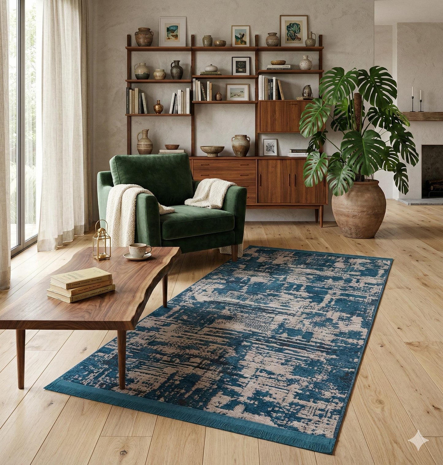 Teal Abstract Area Rug – Distressed Living Room Carpet, Modern Textured Floor Rug