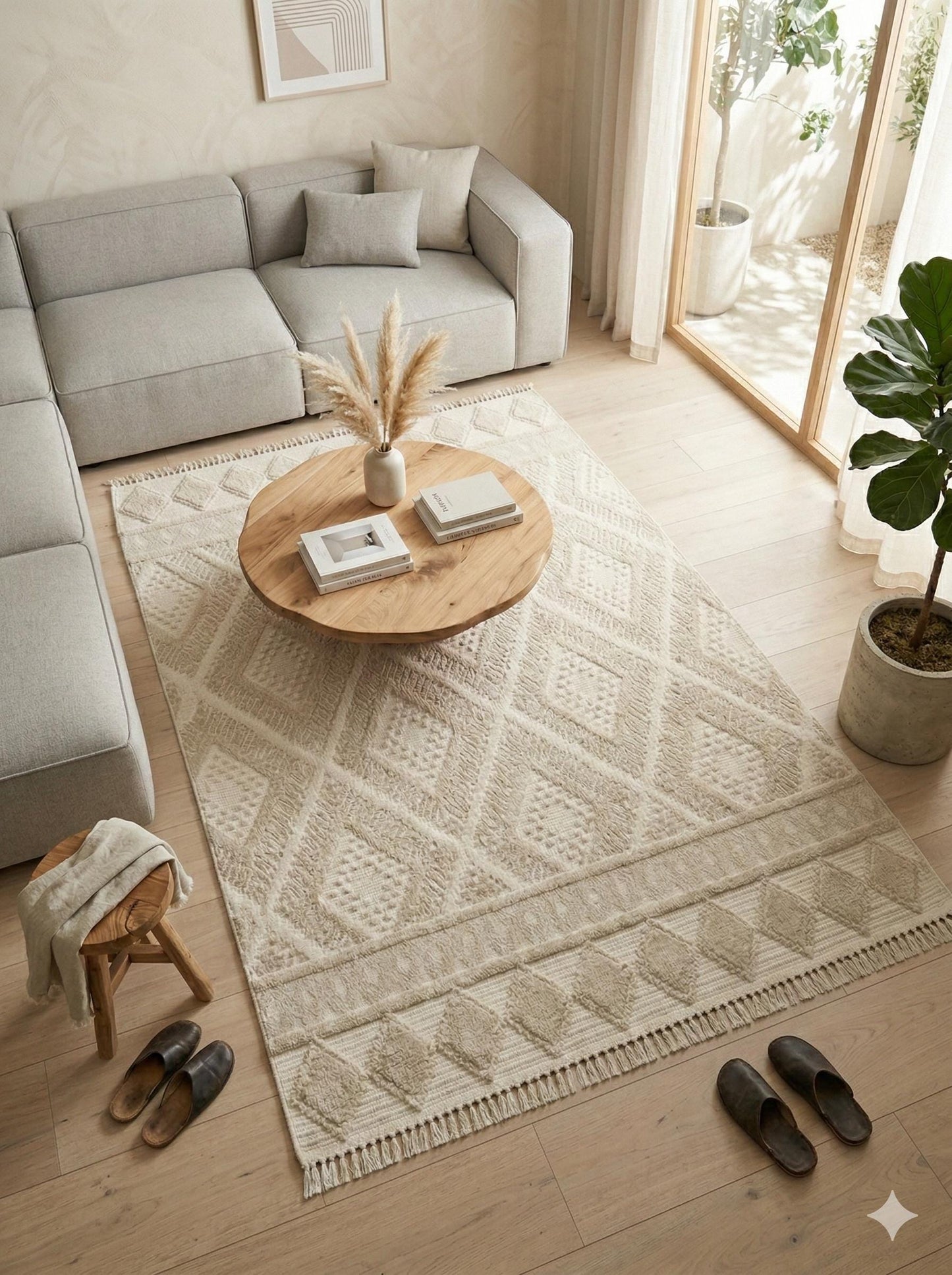 Cream Textured Geometric Carpet with Tassels, Minimalist Scandi Home Decor, Neutral Living Room Rug.