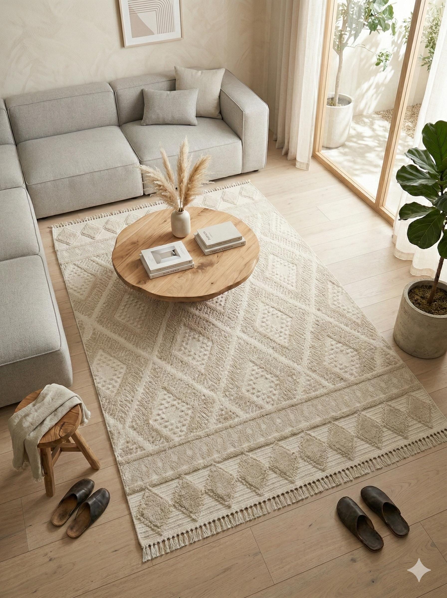 Cream Textured Geometric Carpet with Tassels, Minimalist Scandi Home Decor, Neutral Living Room Rug.