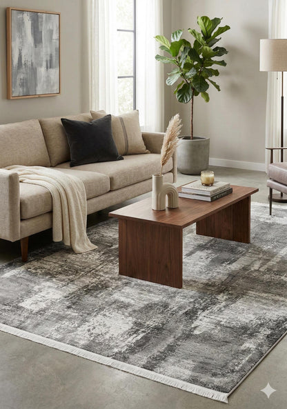 Modern Abstract Charcoal & Silver Distressed Area Rug – Contemporary Industrial Living Room Carpet - 200x300cm - 7x10ft