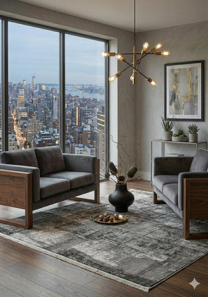Modern Abstract Charcoal & Silver Distressed Area Rug – Contemporary Industrial Living Room Carpet - 200x300cm - 7x10ft