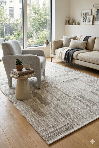 Modern Abstract Grid Rug – Geometric Texture, Neutral Sand Carpet (200x300cm)