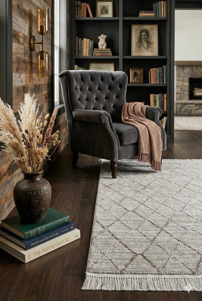Modern Scandinavian Diamond Lattice Area Rug with Tassel Fringe – Neutral Cream & Grey - 200x300cm - 7x10ft