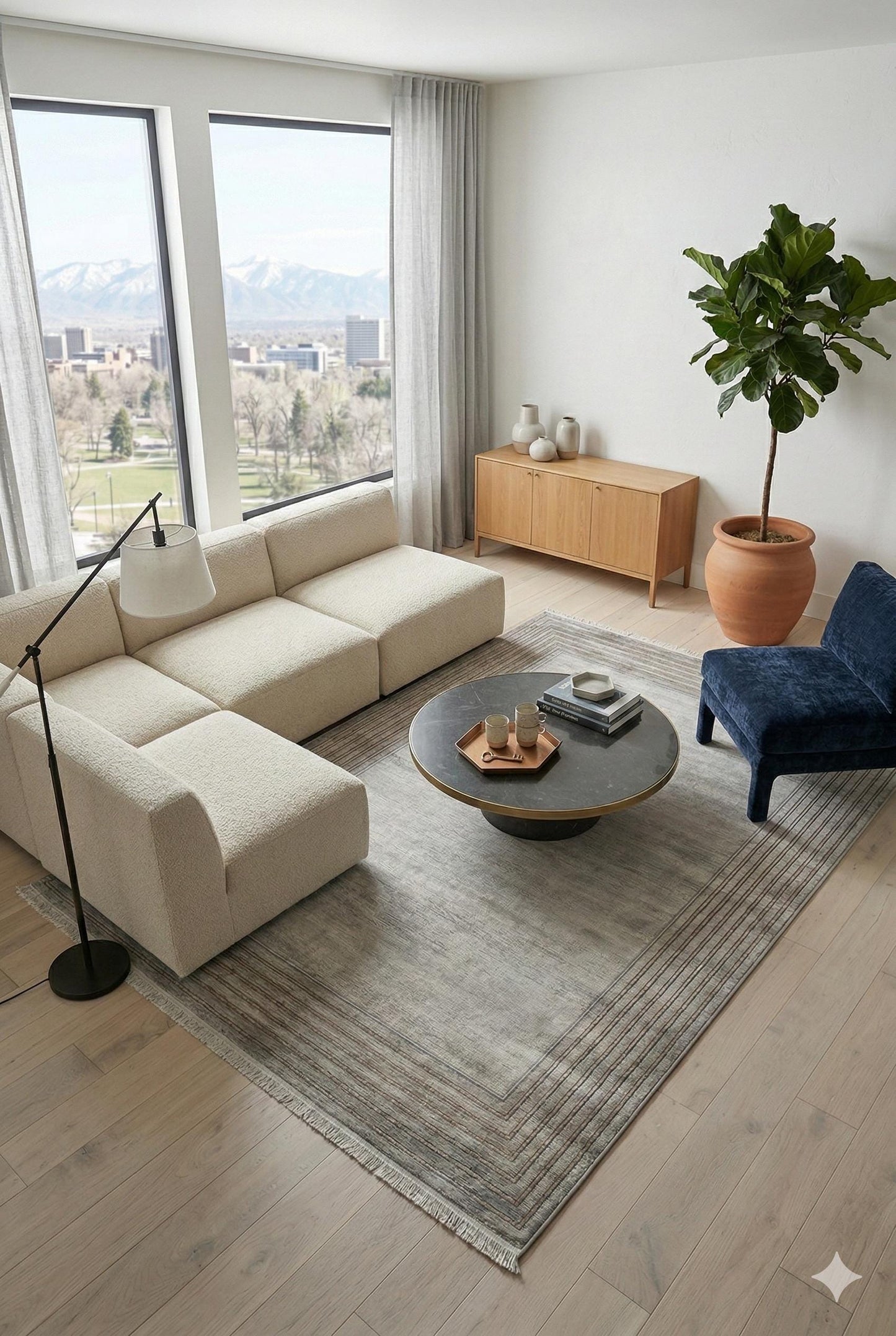 Modern Transitional Area Rug – Slate Grey & Gold Linear Bordered Design - 7x10