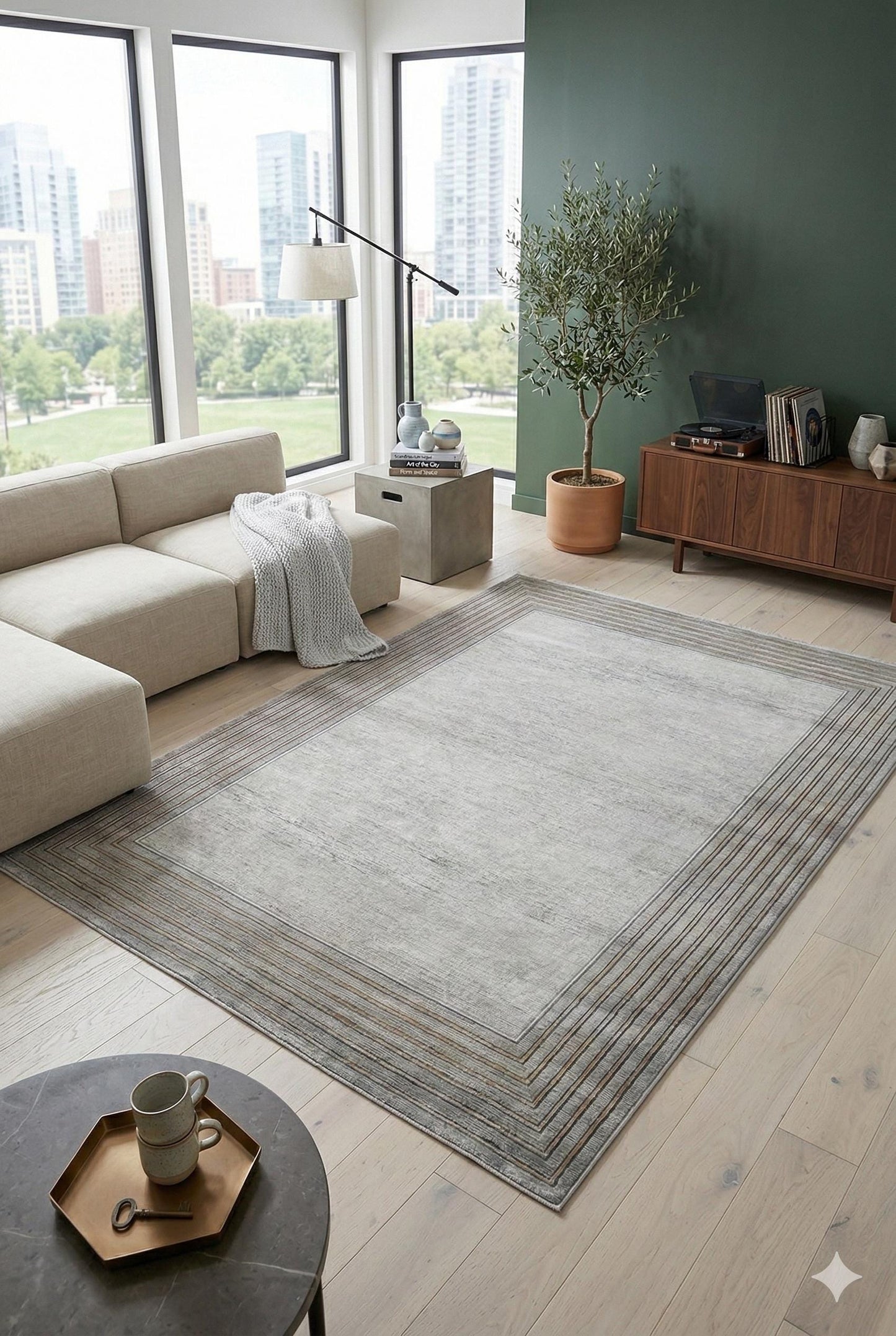Modern Transitional Area Rug – Slate Grey & Gold Linear Bordered Design - 7x10