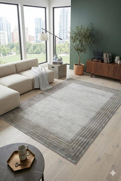 Modern Transitional Area Rug – Slate Grey & Gold Linear Bordered Design - 7x10