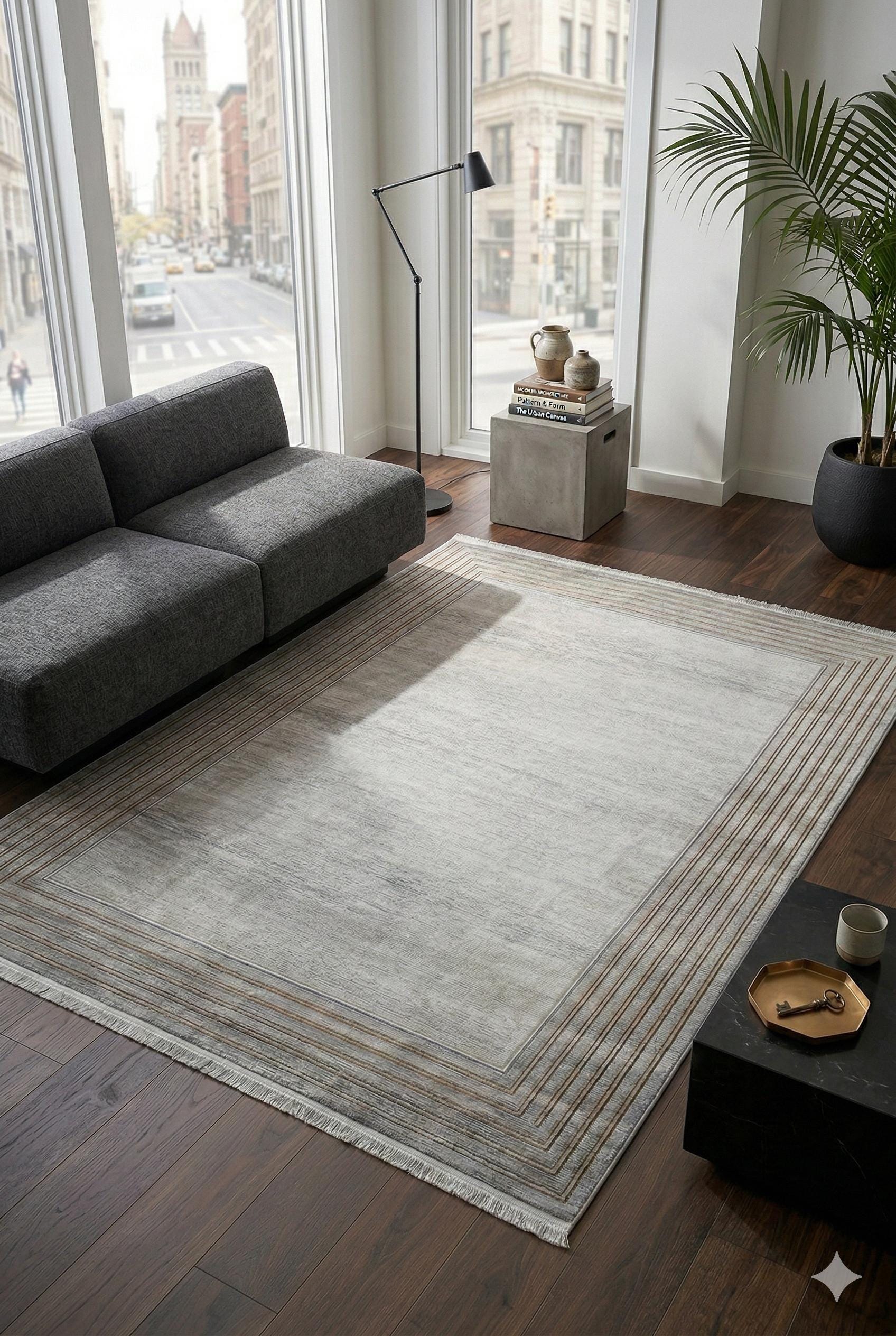 Modern Transitional Area Rug – Slate Grey & Gold Linear Bordered Design - 7x10