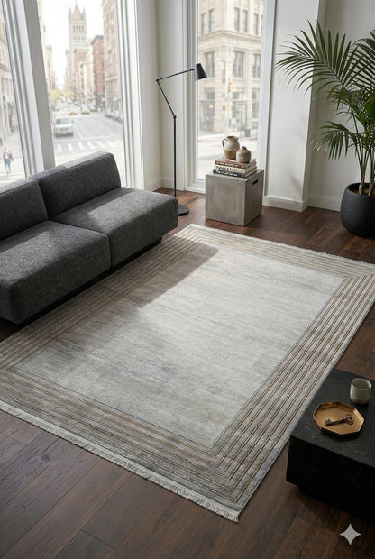 Modern Transitional Area Rug – Slate Grey & Gold Linear Bordered Design - 7x10