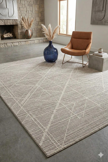 Textured Geometric Area Rug – Neutral Beige Abstract Line Art Carpet