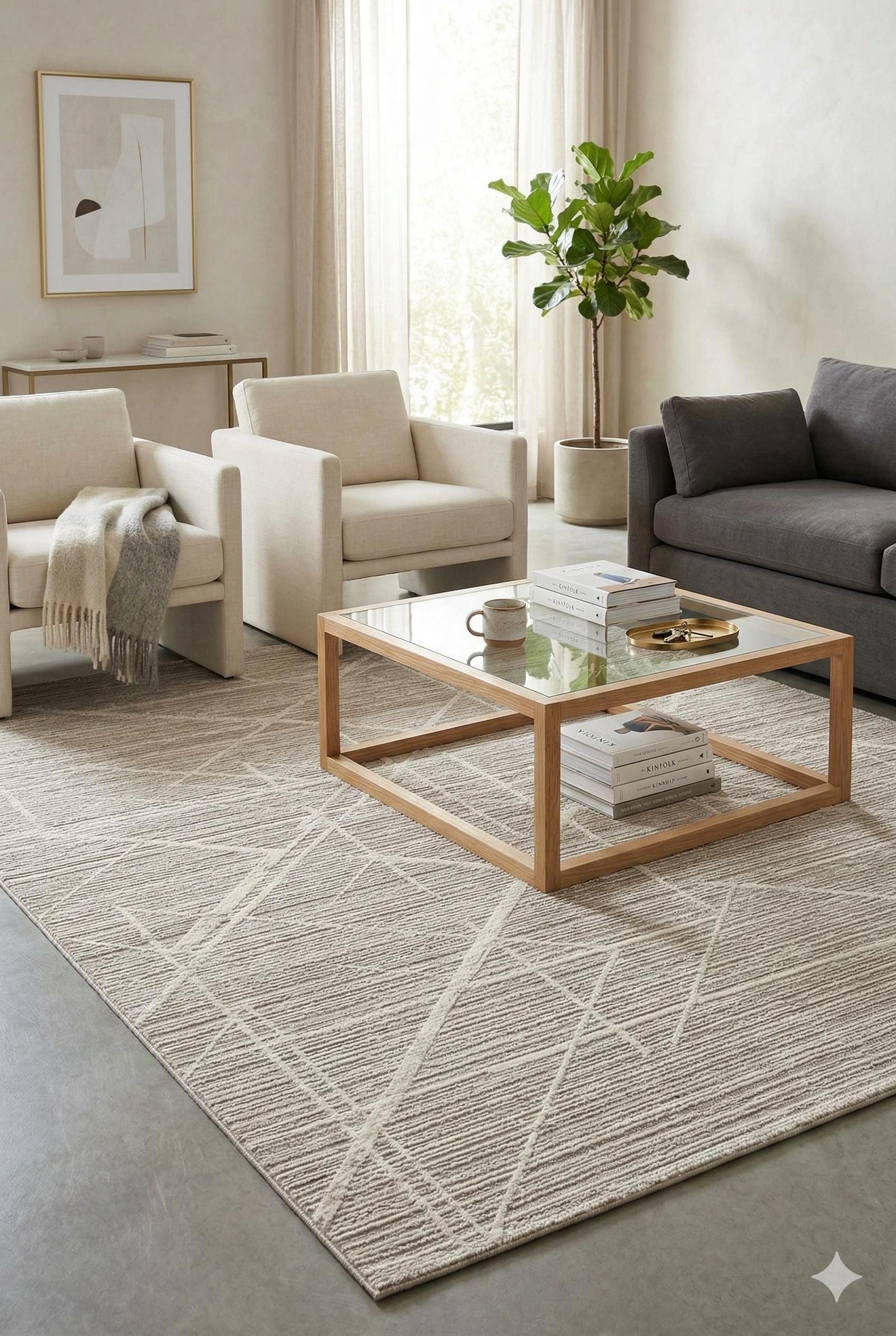 Textured Geometric Area Rug – Neutral Beige Abstract Line Art Carpet